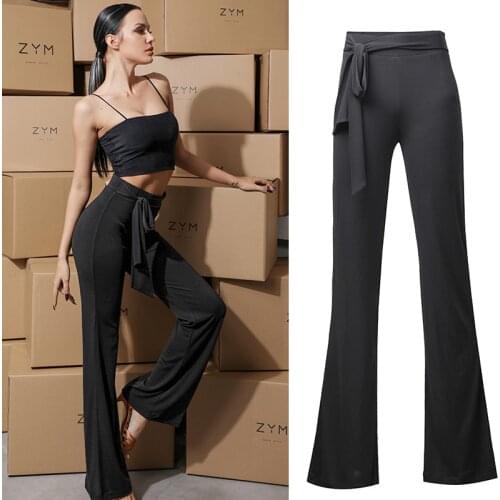 Women Latin Dance Pants Black Trousers Lace-Up Flared Pants Latin Practice Pants Ballroom Dancing Competition Clothes SL4416