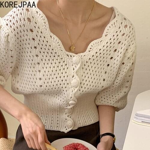 Korejpaa Women Sweater 2021 Summer Korea Sweet Simple Gentle Ladies V-Neck Thinning Edge Button Hollow Puff Sleeve Knit Cardigan