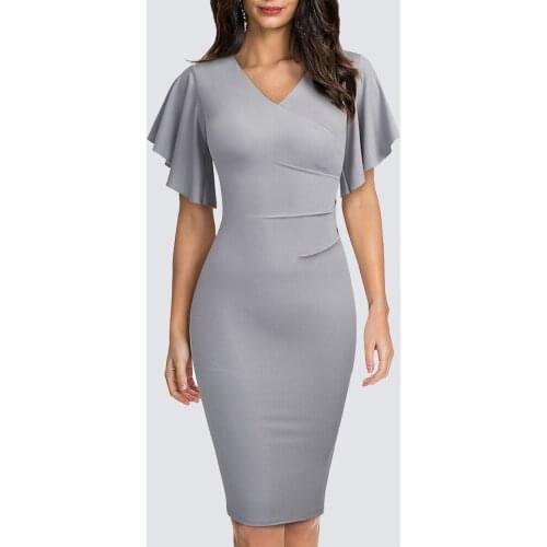 Women Wear to Work Solid Color V Neck Ruffle Sleeve Bodycon Office Pencil Knee Length Dress HB631