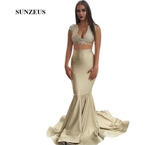 V-neck Cap Sleeves Appliques Crop Top Prom Dress Two Piece Mermaid Party Gowns Long Vestido Prom