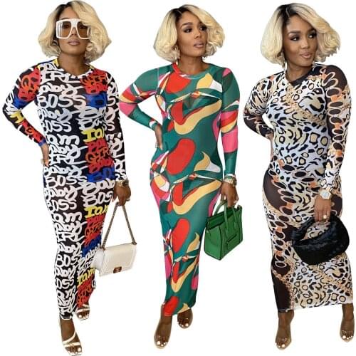 Sexy Sheer Mesh Leopard Print Long Women Dress Letter Print O Neck Long Sleeve See Through Bodycon Club wear Party Dresses Robe