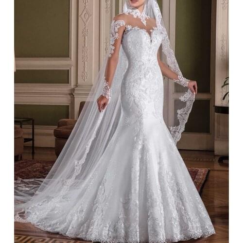 Vestido de noiva Long Sleeves Mermaid Wedding Dress 2021 High Neck Shinning Lace Bridal Dress White Dress