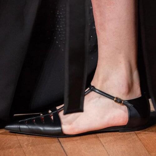 2021 Summer Flats Sandals Women Cow Genuine Leather Pointed Toe Hollow Outs T-strap Dress Shoes Woman Solid Sandalias Mujer