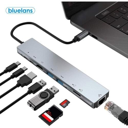 8 in 1 Multifunctional Type-C to 4K HDMI RJ45 USB 3.0 TF PD Charger Hub Adapter