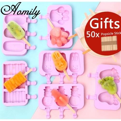 Amoliy Silicone Ice Cream Molds Ice Lolly Mould Ice Cube Tray Ice Cream Maker with 50pcs Popsicle Stick for Free Cake Decorating