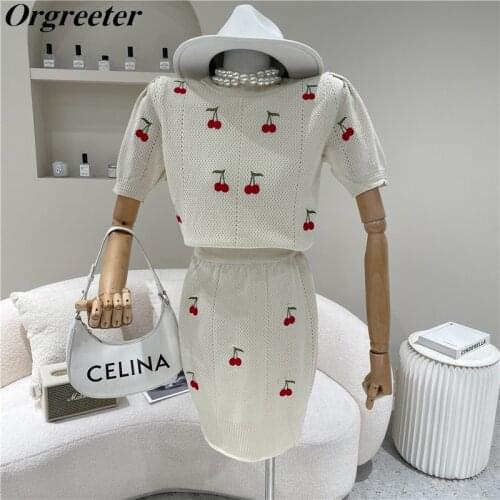 Beige/Navy Sweet Cherry Embroidered Knitted 2 Piece Set Women Summer New Hollow Out Pullover Tops and Bodycon Skirts Suit Female