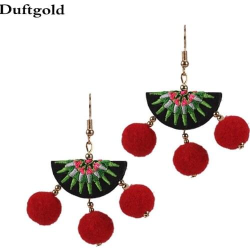 Bohemian Fan Embroidery Pom Pom Tassel Drop Earrings For Women Jewelry Ethnic Cute Earrings Fashion Party Jewelry серьги