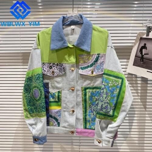 Fashion Patchwork Denim Jacket Women Pocket Lapel Patch Long Sleeve Jeans Jacket Streetwear High quality Jeans Coat Female