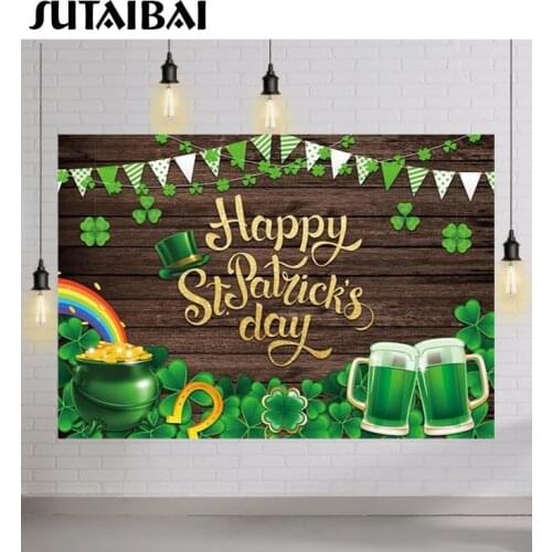 Happy St Patricks Day Party Background Green Lucky Shamrock Beer Clover Banner Wood Board Rainbow Cheers Photography Backdrop