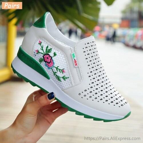 Casual High Heels Loafers Breathable Vulcanize Women Sneakers PU Round Toe Embroider Platform Wedge Tenis Feminino