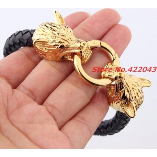 Cool Stainless Steel Wolf Head Gold Tone Bracelets Bangles High Quality Black Genuine Leather Bracelet Men Pulseras Jewelry Gift