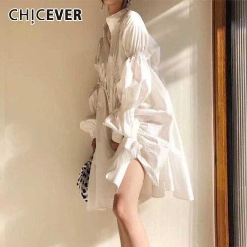 CHICEVER Summer Casual Solid Irregular Draped Women Shirt Stand Collar Lantern Sleeve Button Loose Plus Size Female Top Clothing
