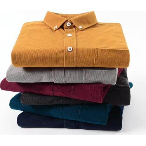 Button Collar Mens Shirt Casual Warm Leisure Solid Mens Corduroy Shirts Long Sleeve Well Fit Clothing for Men Brown 2020 New