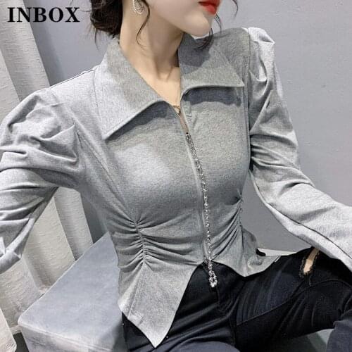 Korean Style Turndown Collar Shirt Women Chic Zip Fashion T-shirt Female Long Sleeve Black Bottoming Tops Woman