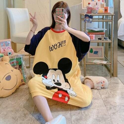 Disney 2021 Mickey Mouse Donald Duck Loose Plus Size Nightdress Ladies Cartoon Pajamas Women Summer Short-sleeved Home Service