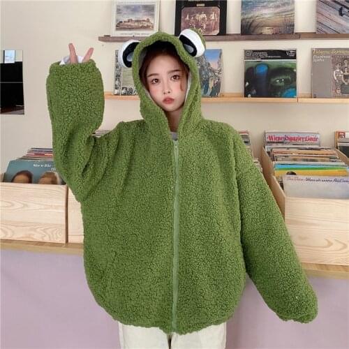 Winter Couples Women Men Hoodies Lamb Wool Sweatshirts Funny Cartoon Frog Zipper Hoodie Long Sleeve Korean Thicken Hooded Plus