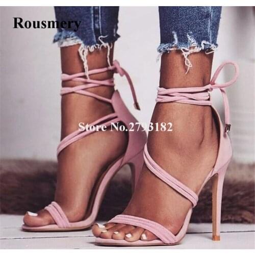 High Quality Women Fashion Open Toe Suede Leather Thin Heel Gladiator Sandals Lace-up Ankle Strap High Heel Sandals Dress Shoes
