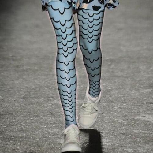 Womens Spring & Autumn Patterned Tights - Light Blue Velvet Waves Printed Slimming Tights