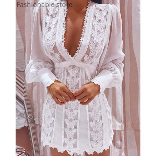 2021 Women Sheer Mesh Puff Sleeve Butterfly Lace Dress Women Deep V Neck Long Sleeve Chiffon Dress