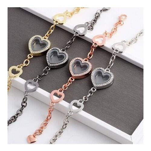 10PCS/lot Magnetic Heart Floating Locket Bracelet With Rhinestones Glass Living Memory Locket Bangles