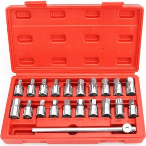 18pcs Oil Drain Plug Removal Tool Key Set Square Hexagon Socket Kit Nut Adaptor Tool