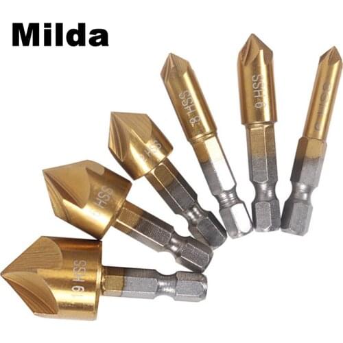 Milda New 6 PCS 5 Flute Chamfer Countersink 1/4" Hex Shank HSS Wood Chamfering Cutter Chamfer 6mm-19mm Countersink Drill Bit