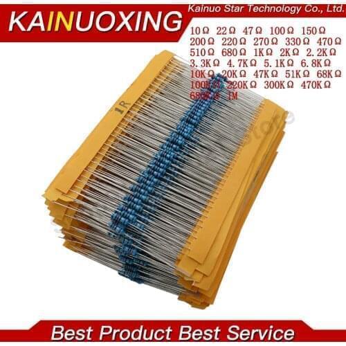600pcs/set 30 Kinds 1/4W Resistance 1% Metal Film Resistor Pack Assorted Kit 1K 10K 100K 220ohm 1M Resistors 300pcs/set