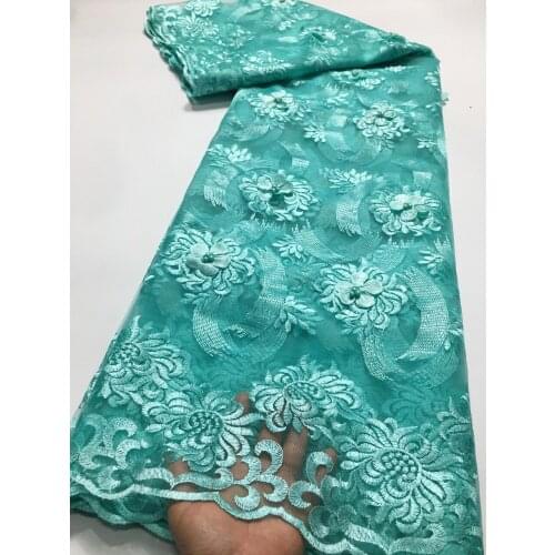 Aqua African 3D Beaded Lace Fabric 2021 High Quality Lace French Net Embroidery Tulle Lace Fabric For Women Wedding Sewing M4886
