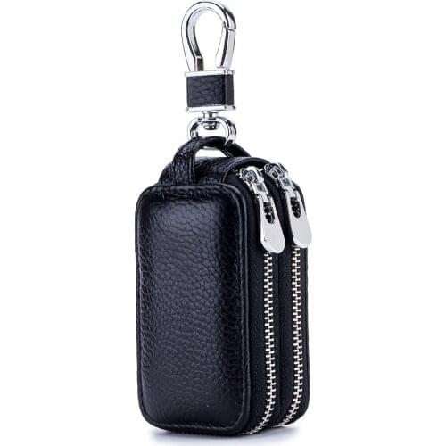 Cow Leather Keychain Men Women Key Holder Organizer Pouch Double Zipper Car Key Bag Wallet Housekeeper Key Case Mini Card Bag