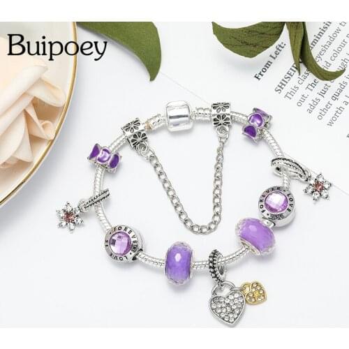 Buipoey New Purple Crystal Flowers Beaded Shiny Heart Charm Bracelets For Women Original Popular Bangle Girl Holiday Jewelry