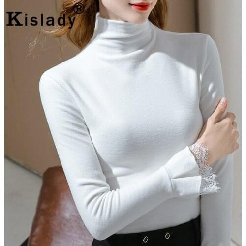 Kislady Winter Sexy Lace Patchwork Women Shirts Flare Sleeve Turtleneck Korean OL Clothes Charming Vintage Solid Tops Clothing