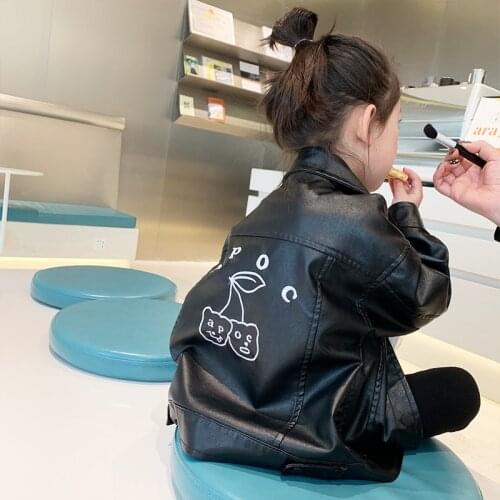 Girls PU Faux Leather Jacket New Kids Loose Lace-up Pocket High Street England Casual Leather Coat Girl Outerwear