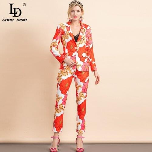 LD LINDA DELLA Fashion Runway Autumn Red Flower Print Pants Set Womens Long sleeve Single Button Jacket＋Pants Two Piece Suit