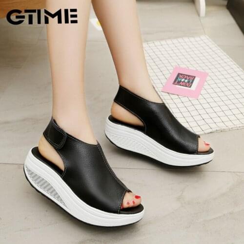 Summer Women Sandals Platform Wedges Sandals Leather Swing Peep Toe Casual Shoes Women Walk Shoes Flats Drop Shipping#SJPAE-204