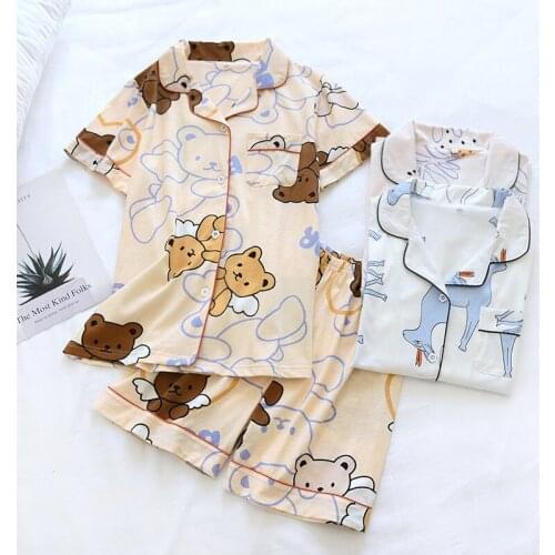 100% Cotton sweet bear summer Sleepwear Women Shorts Pajama Sets Japanese cute Cartoon Short Sleeves Women Pyjamas Homewear
