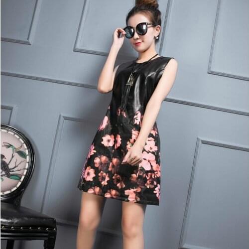 Fashion Women Floral Printed Spliced Genuine Leather Dress Sheepskin Sarafa Dress Slim Fit Lady Bodycon Party Sleeveless Dresses