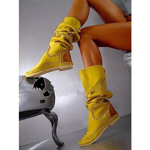 Top Fashion Rivets Studded Knee High Suede Leather Winter Boots Round Toe Flat Heel Woman Shoes