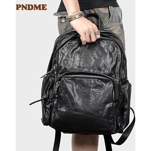 Fashion casual genuine leather mens backpack high quality luxury cowhide travel daily work womens tees black laptop bagpack