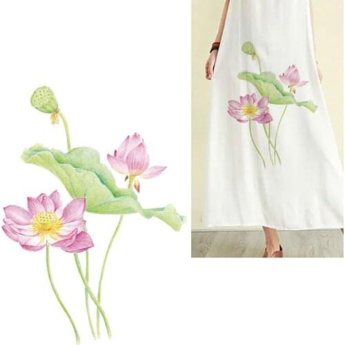 Lotus Lily Flower Stripe Iron-on Transfers for Clothing PVC Patches Iron on Dress Washable Ironing Sticker on Clothes Appliques
