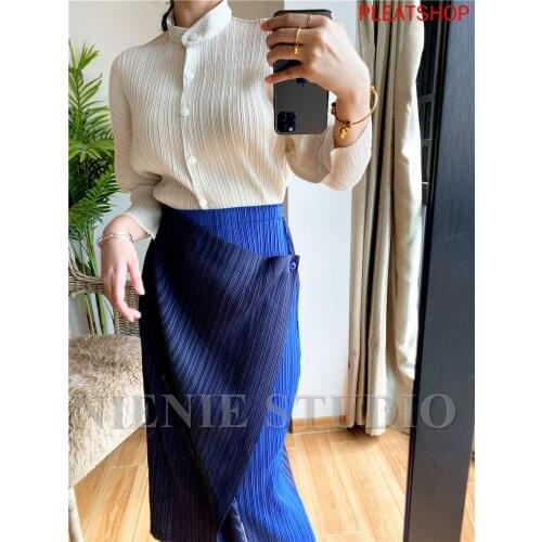 Miyake Pleated PP Solid Button Joint Unique Straight -Cut Skirt