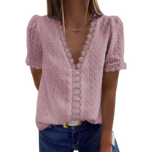 Solid V-Neck Embroidery Chiffon Fashion Woman Blouses 2021 Summer Casual Loose Short Sleeve Lace Women Top
