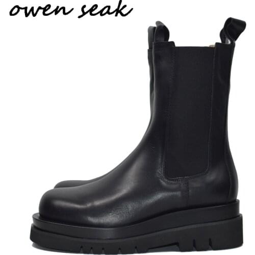 Owen Seak Men Casual Shoes High-TOP Heighten Chelsea Boots Leather Sneaker Luxury Trainers High Street Autumn Flat Black Shoes