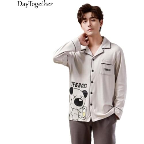 Men Pajamas Cotton Long Sleeve Summer Pajama Plaid Pants Man Homewear Suit