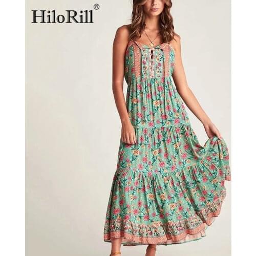 HiloRill Women Spaghetti Strap Dress Floral Print Holiday Beach Long Dress Backless Lady Pleated Dresses Sundresses Femme Robe