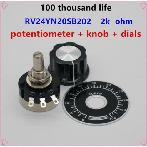 2pcs RV24YN20S B202 2k ohm Carbon film potentiometer single-turn potentiometer + 2pcs A03 knob + 2pcs dials