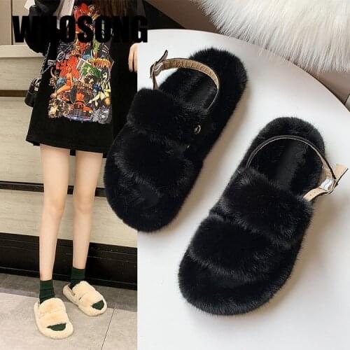 New Summer Women Fur Sandals Woman Platfom Shoes Girls Fashion Flats Ladies Footware Fashion Sandals Female Black Brand Shoes
