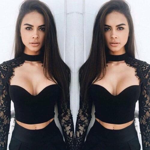 Sexy V-Neck Plain Singlet T-shirt Women Lace Sheer Long Sleeve Bustier Crop Tops Tee Shirt Solid Color Corset Tops Tees