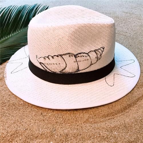 Summer Straw Sun Hat For Women Wide Brim Beach Panama Hat With Hand-Painted Beach Conch Sunbonnet Cap Size 58CM