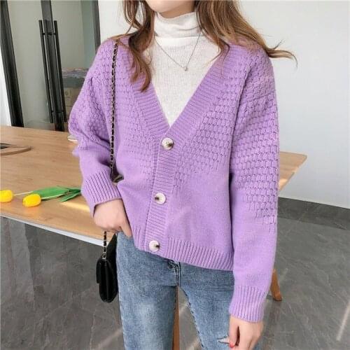 Taro Purple Lazy Knit Jacket 2020 Autumn New V-neck Solid Color Retro Sweater Cardigan Womens Outer Wear