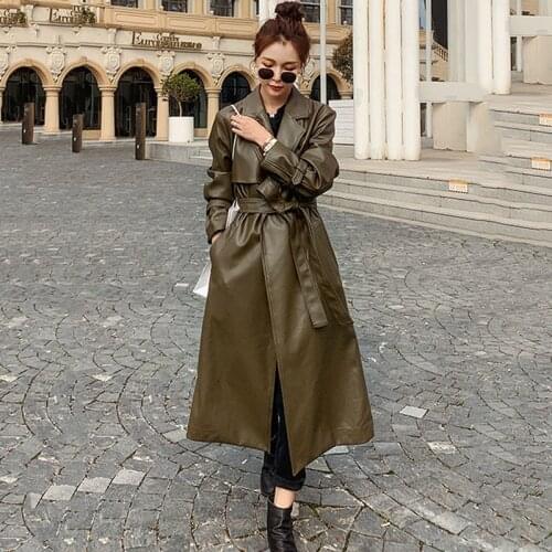 Womens Army Green Windbreaker Spring Autumn Long Loose High Quality PU Leather Luster Jacket Straight Barrel Ladies Cloak New